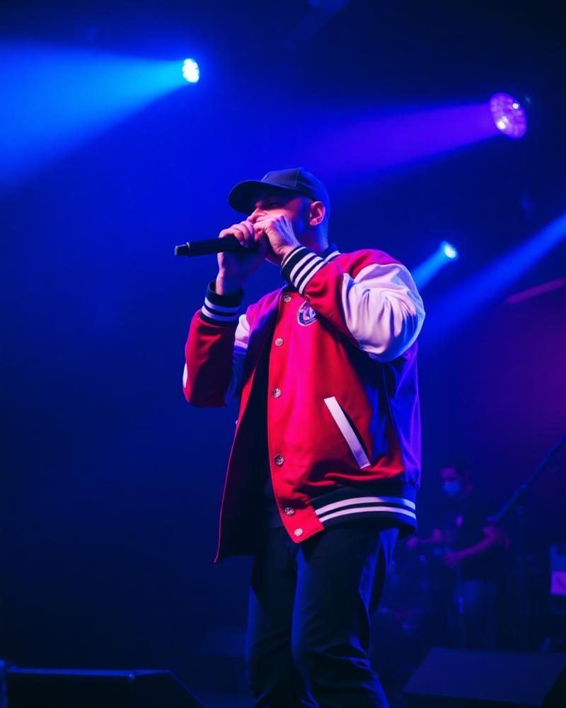 Performer on stage in a red varsity jacket