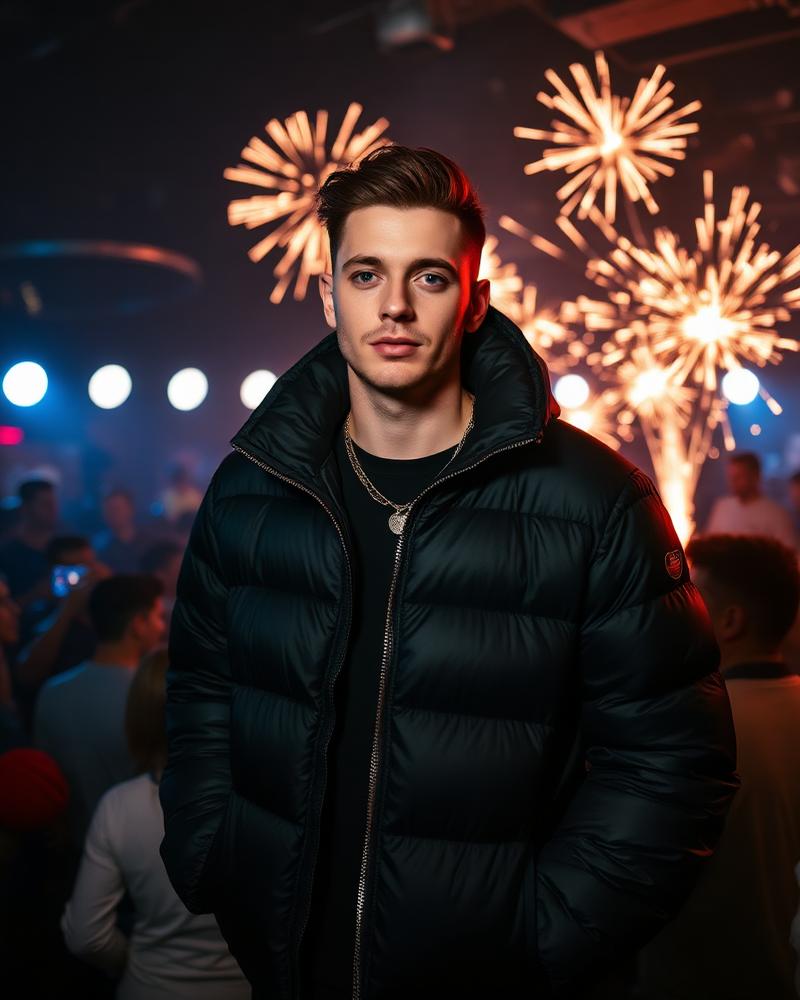 Artist standing in a club with sparklers behind